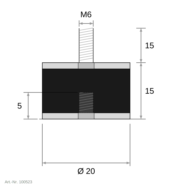 Gummi-Metall-Puffer Typ B einseitig Außengewinde, einseitig Innengewinde 20 x 15 mm / M6 x 15 mm